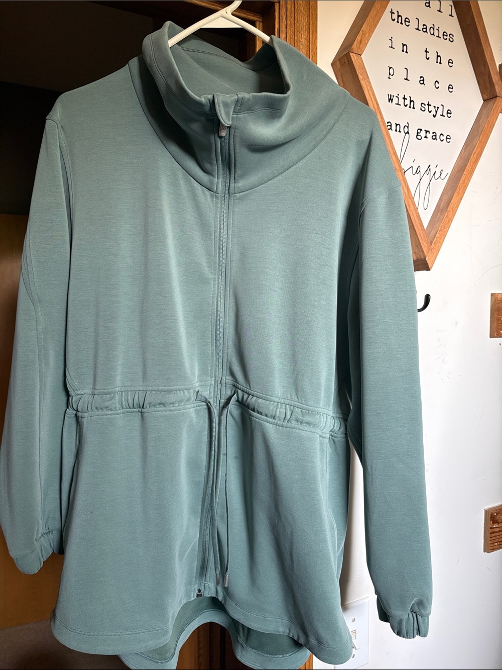 Lululemon Women's Sage Green Drawstring Zip-Front sweatshirt
